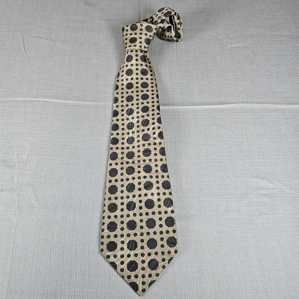 Ketch Classics Mens Geometric Polka Dot Necktie Gold Black Made in USA Wide Tie - Picture 2 of 5